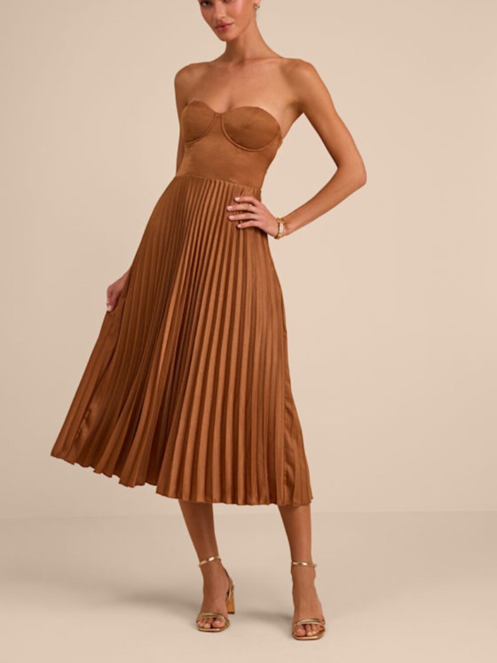 NWT Lulus Irelyn Light Brown Satin Bustier Midi Dress - Size M